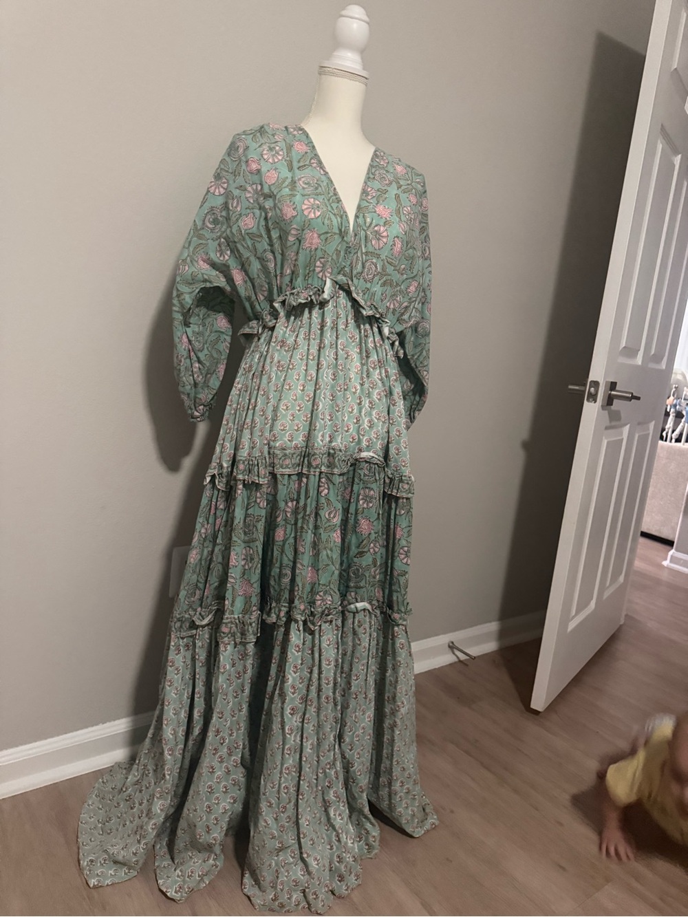 Boho Tiered Maxi Dress in Sage Green Floral